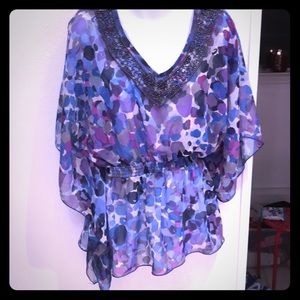 💐StunningPurple Beaded Sheer batwing Top Sz L💐
